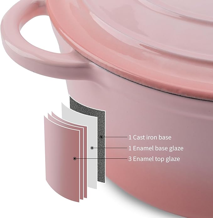 Enameled Cast Iron Dutch Oven Pot with Lid Heavy-Duty Cookware for Bread Baking, Braising, Stews, Roasting,5.5QT，pink