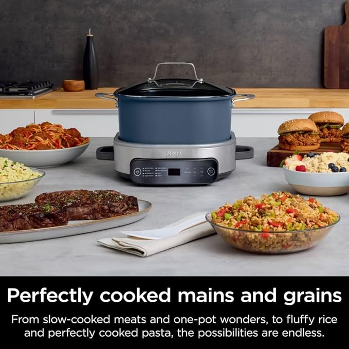 Ninja 10-in-1 Everyday Possible Cooker Pro 6.5-qt,Multi-Cooker,Slow Cooker, Slow Cook,Sear/Sauté,Braise,Keep Warm,White Rice,Brown Rice,Oats,Cooking Pot Midnight Blue, Base Gray/Stainlees Steel