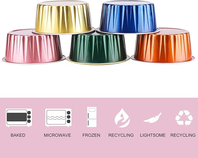 EUSOAR Assorted Colors Cupcake Liners, 5oz 125ml Muffin Liners with Lids Pack of 50, Creme Brulee Ramekins, Disposable Aluminum Foil Cups