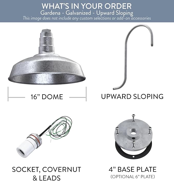 Steel Lighting Co. Gardena Barn Light | Outdoor Wall Mounted | 16" Dome | Upslope Gooseneck | Farmhouse Light Made in America | Galvanized Exterior/Galvanized Interior