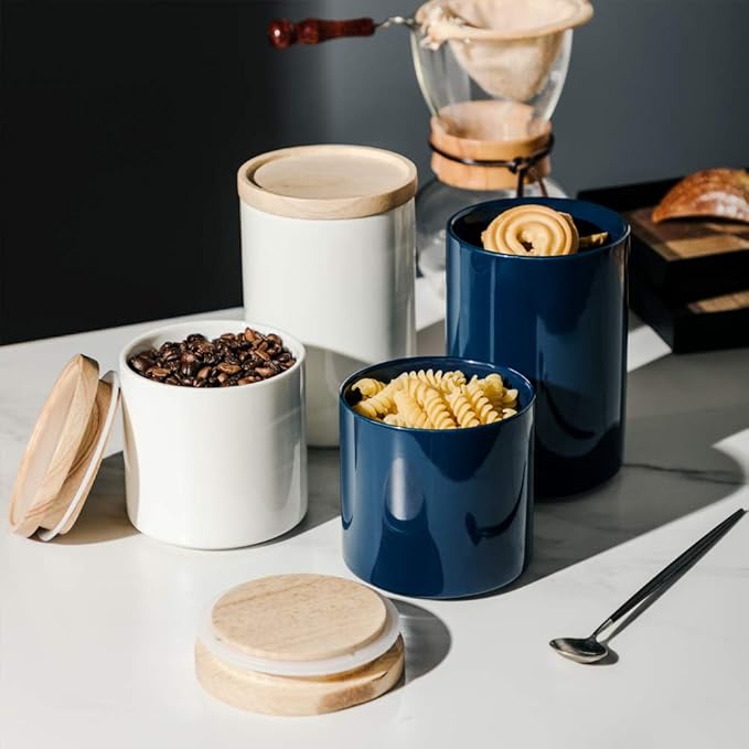 Sweejar Kitchen Canisters Ceramic Food Storage Jar, Stackable Containers with Airtight Seal Wooden Lid for Serving Ground Coffee, Tea, Sugar, Salt and More - 16 Fl Oz (Navy New)