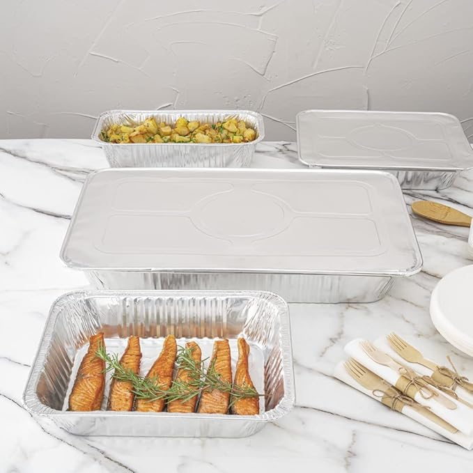 Restaurantware-LIDS ONLY: 25 Foil Pan Lids, Fits Full Size Steam Table Lid, Oven-Ready Tray Lids, Freezable, Silver Aluminum Disposable Turkey Pan Covers, Pans Sold Separately