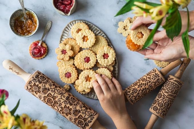 FLORET 3 Kid Rolling Pin Set with Lotus, Kashmir, Paisley, Flowering Vine, Lily Flowers Patterns. Wooden Laser Cut Mini Rolling Pins for Cookies, Play Dough, Salt Dough or Clay by Algis Crafts