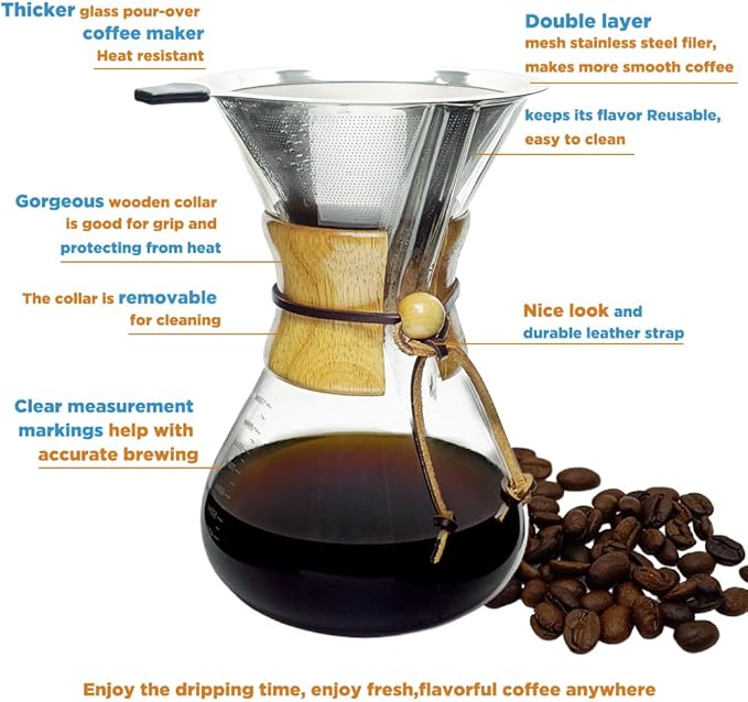 Subjectthree Pour Over Coffee Maker Set 8 Cup Glass Coffee Carafe Dripper with Stainless Filter for Camping Home Office Cafes Easy Clean (8 Cup/28 oz)