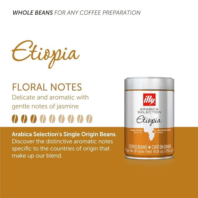 illy Arabica Selections Ethiopia Whole Bean Coffee, 100% Arabica Bean Single Origin Coffee, Light Roast with Notes of Jasmine, All-Natural, No Preservatives, 8.8 Ounce Can (Pack of 1)