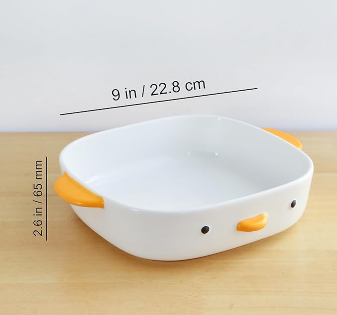 PURROOM Cute Duck Baking Dish, Ceramic Casserole Square Dish, Porcelain Pie Pan, 9x9 in Medium Baking Pan with Handles, Oven Safe & Durable Bakeware for Lasagna.