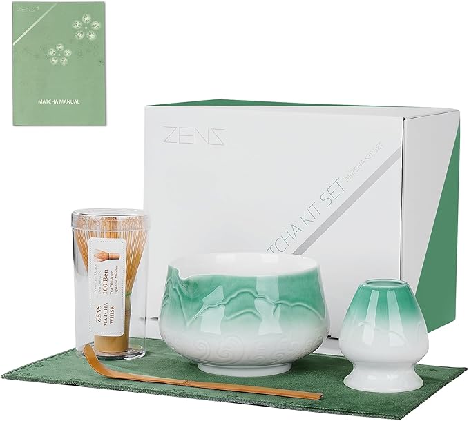 ZENS Matcha Whisk Set, 5pcs Matcha Kit Set Includes Ceramic Bowl, Bamboo Whisk and Chasen Holder, Scoop & Tea Mat for Matcha Ceremony, Blue