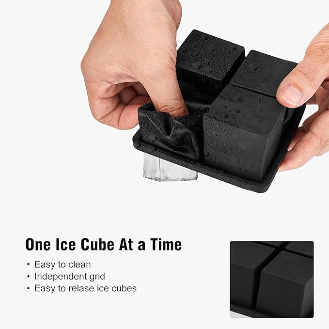 Samuelworld Large Ice Cube Tray: 2025 Upgraded 4 Grid Silicone Square Ice Cube Mold For Small Refrigerator, 2 Inch Large Cubed Ice Trays for Cocktail, Big Cube Ice Maker Mold (3 Pack, Black)
