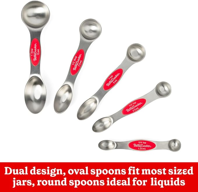 Betty Crocker Measuring Cooking Bundle includes a set of five measuring spoons and five measuring cups. The spoons have a dual design and magnetic snap for easy storage.