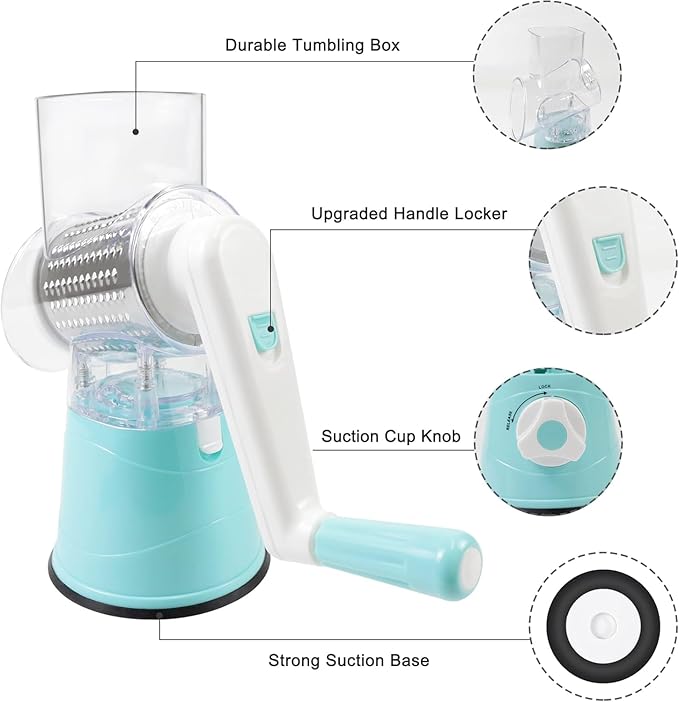 Rotary 3-in-1 Grater for Kitchen - Stainless Steel Cheese Grater with Turn Handle (Blue)
