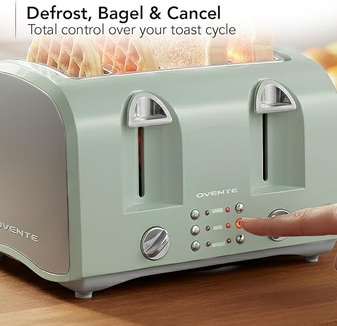 OVENTE Electric 4-Slice Toaster Machine with 6-Shade Selector Setting, Cancel Button, Defrost Function, Crumb Tray, 1400W Power and Wide Slots for Bagels, Waffles and Puff Pastry, TS4410LBL