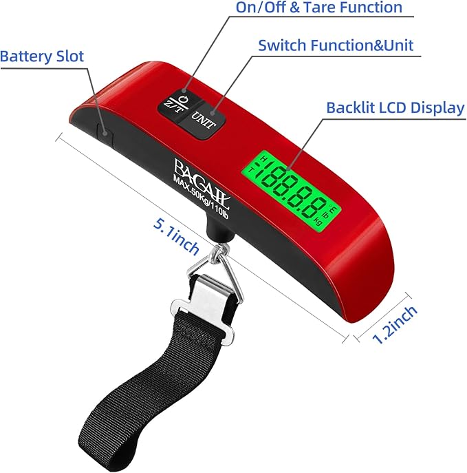 BAGAIL Digital Luggage Scale, 110lbs Hanging Baggage Scale with Backlit LCD Display, Portable Suitcase Weighing Scale, Travel Luggage Weight Scale with Hook, Strong Straps for Travelers