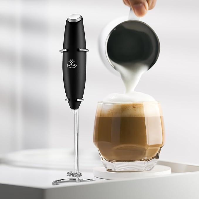 Zulay Kitchen Premium Gift Milk Frother Complete Set - Handheld Foam Maker, Stencils & Frothing Pitcher Set - Whisk Drink Mixer for Coffee - Mini Blender for Cappuccino, Frappe - Black