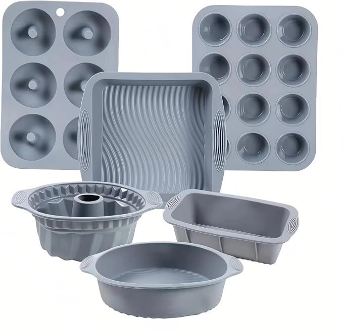 Nonstick Silicone Bakeware Set, 6 set Baking Cake Pan, Economical BPA Free Heat Resistant Bakeware Tools for DIY Loaf Bread Cheesecake Pizza Cupcake Muffin (Gray)
