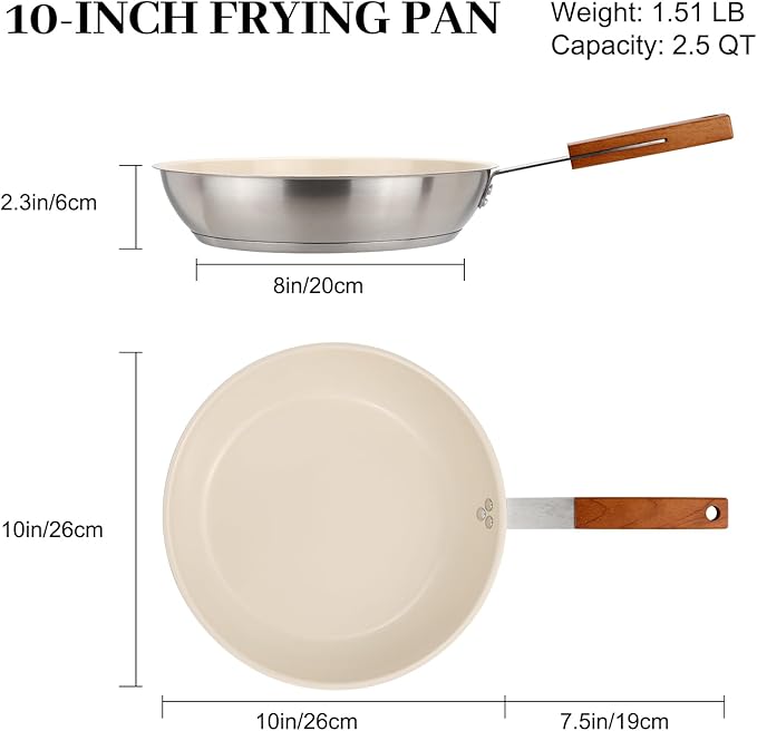 MARSKITOP 10 Inch Frying Pan Nonstick, Stainless Steel Skillet with Ceramic Coating, PFAS Free, Fry Pan with Ergonomic Wooden Handle, Suitable for All Stove