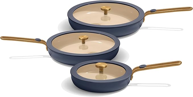 Our Place 8-Piece Essentials Complete Cookware Set - Ceramic Fry Pan Trio & Modular Rack Storage | Nontoxic Thermakind™ Nonstick, Oven Safe up to 450°F & Compatible with All Cooktops | Blue Salt