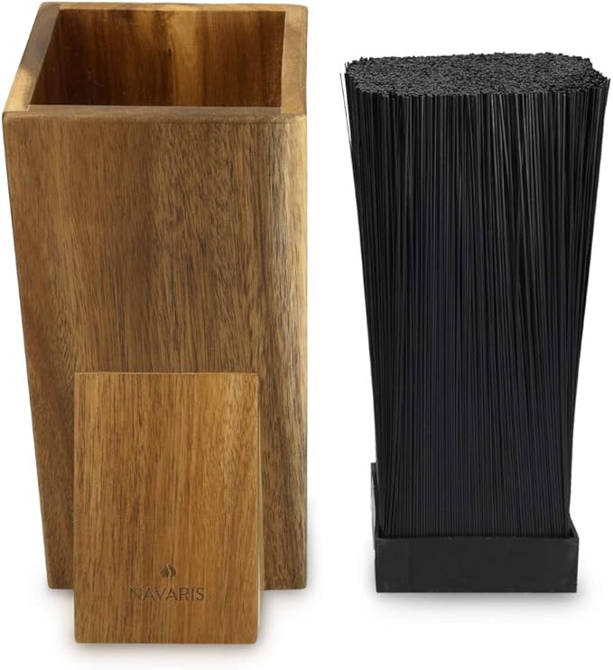 Navaris Universal Knife Block Holder - Acacia Wood Stand with Bristles to Fit Different Sizes of Knives - Angled Design, 9.8" x 5.9" x 4.1’"