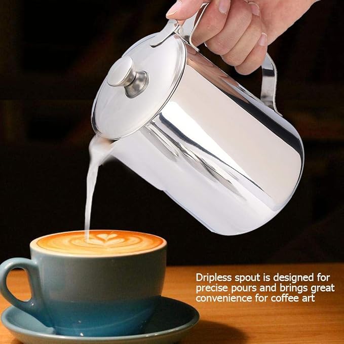 Stainless Steel Coffee Cup Mug Milk Frothing Pitcher Jug with Lid for Latte Coffee Art for Office Kitchen(2000mL)