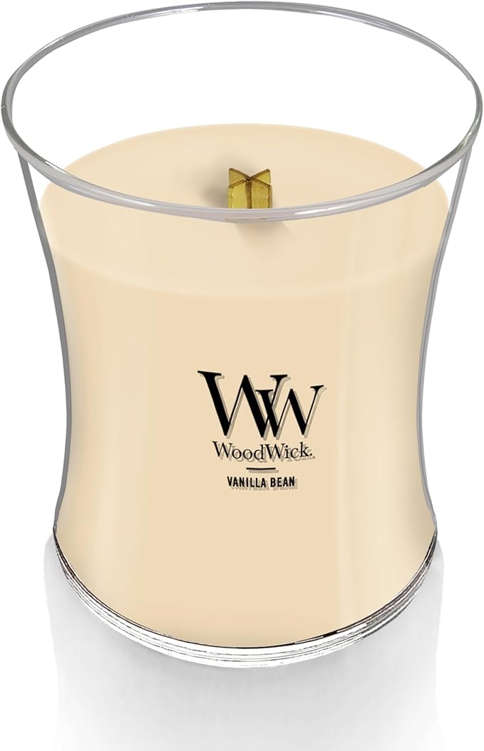 WoodWick Vanilla Bean Holiday Candle Gifts for Women and Men, 9.7 oz Medium Hourglass Candle with Crackling Wick