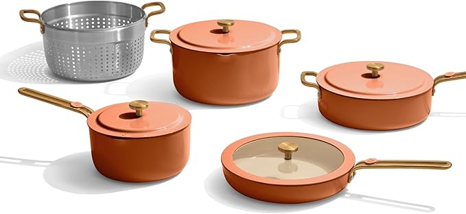 Our Place 11-Piece Essentials Complete Cookware Set - Ceramic Fry Pan, Saucepan, Sauté Pan, Stock Pot, Strainer Basket & Rack Storage | Thermakind™ Nonstick, Oven Safe up to 450°F | Terracotta