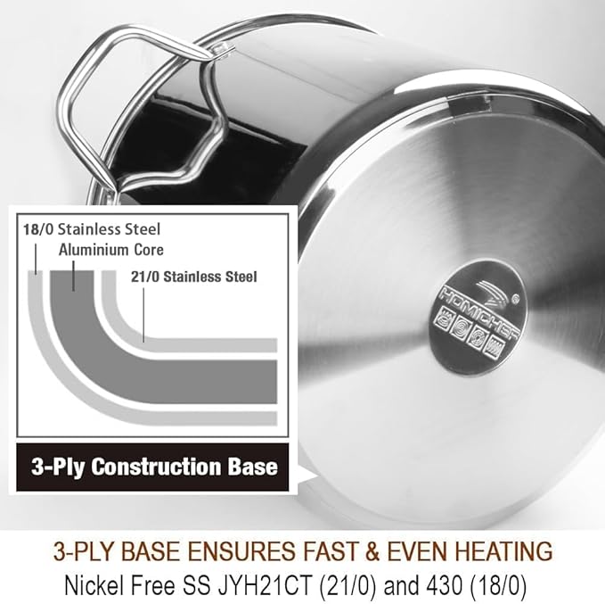 HOMICHEF 12 Quart LARGE Stock Pot with Glass Lid - NICKEL FREE Stainless Steel Healthy Cookware Stockpots with Lids 12 Quart - Mirror Polished Induction Pot - Commercial Grade Soup Cooking Pot