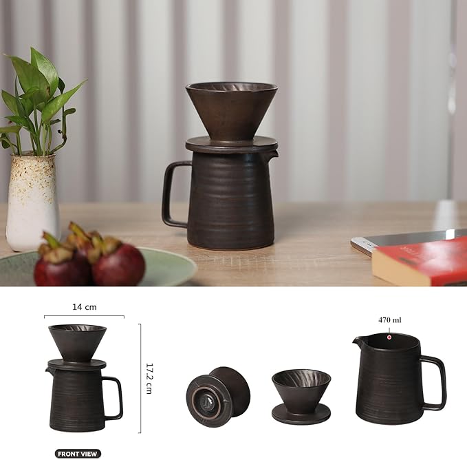 Stoneware Handmade Pour Over Coffee Maker Set, Ceramic Coffee Brewer Hand Drip Cone Dripper & Coffee Pot Microwaveable Decanter, Retro Metallic Glaze, 16oz