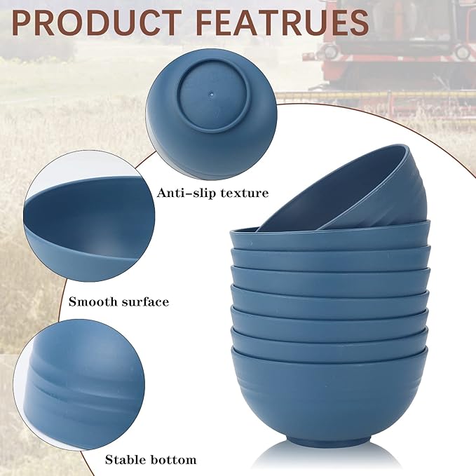 Homienly Soup Bowls, Cereal Bowl, Premium Wheat Straw Bowls Set of 8, Unbreakable Plastic Bowls Microwave Safe, Dishwasher Safe Serving Bowl for Kitchen, Breakfast, Dinner, Salad, Poke (Blue, 26 OZ)