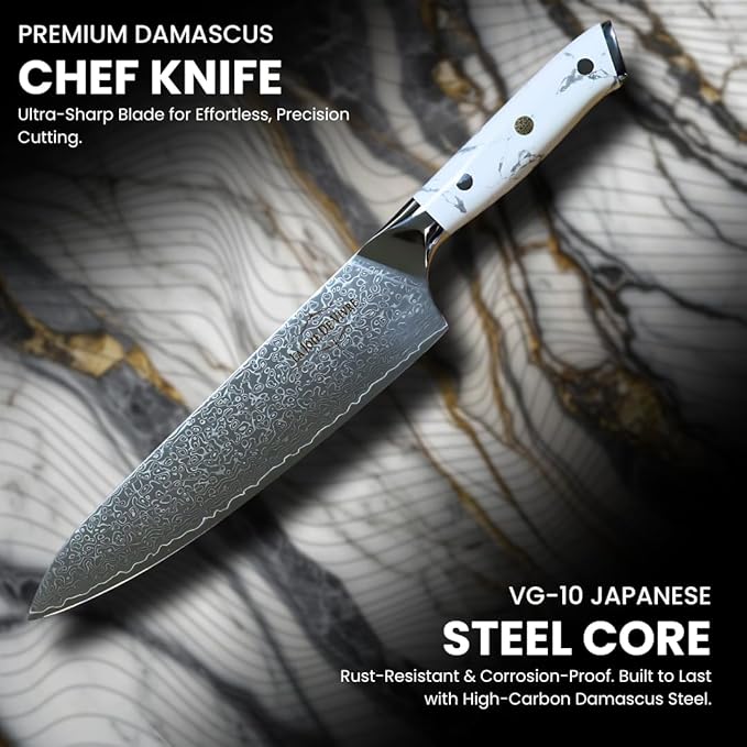 VG-10 Damascus Chef Knife – 8 Inch Japanese Kitchen Knife with 67-Layer Steel, Ultra-Sharp Blade, Ergonomic White Turquoise Handle, Gift Box Included
