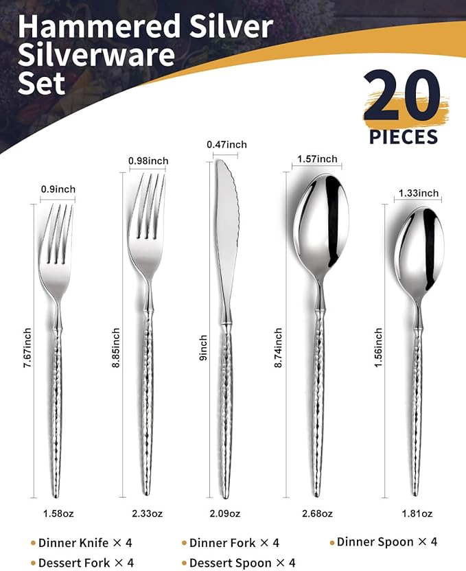 Lemeya 20-Piece Hammered Silverware Set,18/10 Stainless Steel Forging Heavy Duty Cutlery Set for 4, Luxury Unique Flatware Set,Spoons and Forks Set,Mirror Polished,Dishwasher Safe