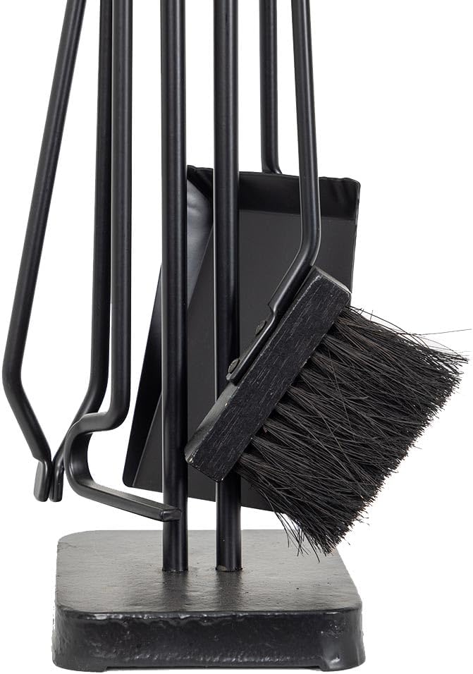 Modern Ember Levi 5 Piece Fireplace Tool Set in Black with Walnut Wood Handles | Includes Brush, Shovel, Fire Poker, Tongs, and Stand | Heavy-Duty Steel | Heat-Resistant Powder Coating