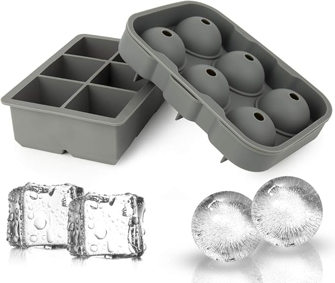 Ticent Ice Cube Trays Set of 2-Silicone Sphere Ice Ball Maker with Lid & Large Square Ice Molds for Whiskey, Cocktail & Brandy (Grey)