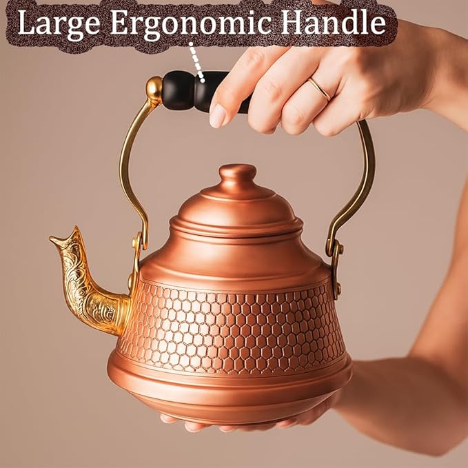 Vintage 100% Pure Solid Copper Turkish Hammered TeaPot Tea Kettle Pot for Stovetop Stove Top Infuser Decorative Fancy Arabic Moroccan Party Serving Kitchen Antique Handmade Unique Style Gooseneck Gift