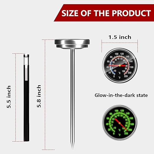 Meat Thermometer - Instant Read Food Thermometer with 5.5-Inch Stainless Steel Probe for Cooking, Steak, Bread, Chicken, Grilling, Milk, Tea & Coffee - 1.5-Inch Dial Kitchen Temperature (2PCS)