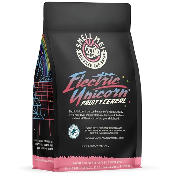 Bones Coffee Company Electric Unicorn, Fruity Cereal With Milk Flavored Coffee, Medium Roast Low Acid Arabica Beans Compatible with Auto drip and French Press Coffee Maker, 12 Oz Ground