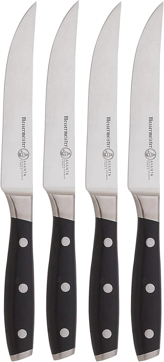 Messermeister Avanta 5” Fine Edge Steak Knife Set - German X50 Stainless Steel - Rust Resistant & Easy to Maintain - Includes 4 Steak Knives