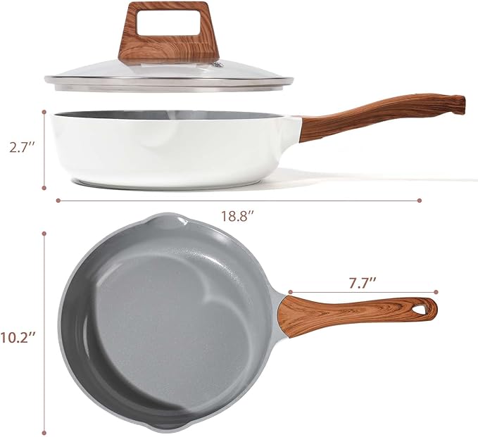 Nonstick Ceramic Frying Pan With Lid, 10 Inches Deep Frying Pan Non Stick Skillet With Pour Spout, Non Toxic Cookware for Stove, Induction, Gas, PB/CD/PFOA Free (White,10 Inches)