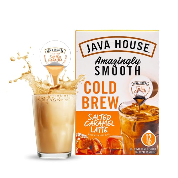 JAVA HOUSE Salted Caramel Latte Cold Brew Coffee Pods, (48 Count) Peel and Pour Pods Hot or Iced