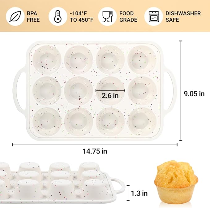 Silicone Muffin Pans for Baking, Metal Reinforced Frame 12 Cups Regular Size Silicone Cupcake Pan Nonstick Muffin Tin for Baking Muffin, Cupcake, Frittatas,BPA Free, Dishwasher Safe