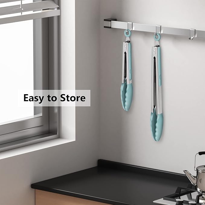 9-Inch & 12-Inch Cooking Tongs, Premium Silicone Set of 2 BPA Free Non-Stick Stainless Steel BBQ Grilling Locking Food Tong, Aqua Sky