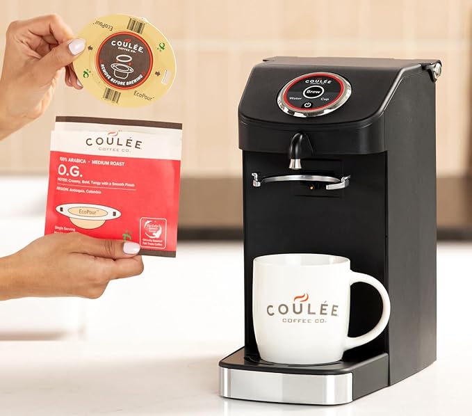Coulée EcoPour O.G. Coffee, All Paper Single Serve Colombian Coffee, Medium Roast, Use for Camping or Traveling, Pre Filled Compostable Filters, Ready to Brew with Hot Water, Plastic Free, 10 Pack