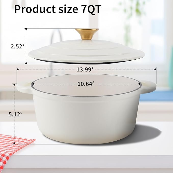 Enameled Cast Iron Dutch Oven Pot with Lid Heavy-Duty Cookware for Bread Baking, Braising, Stews, Roasting,7QT，creamy white
