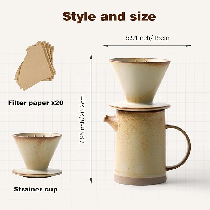 Pour Over Coffee Maker Set Vintage Ceramic Pour Over Coffee Dripper Set with 20 Count Paper Coffee Filters,for Home Café Restaurant Camping,15.8 Ounces(Yellow)