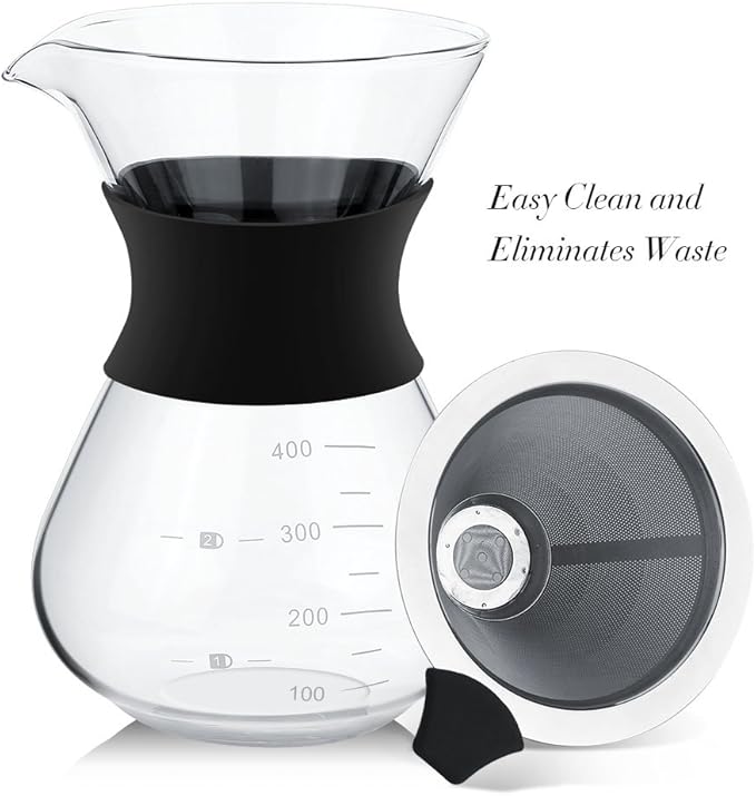 Zopsc 400ml Manual Hand Drip Glass Coffee Maker Pot with Stainless Steel Filter, Marks, Fine Mesh, Suitable for Kitchen, Dining Table, Easy to