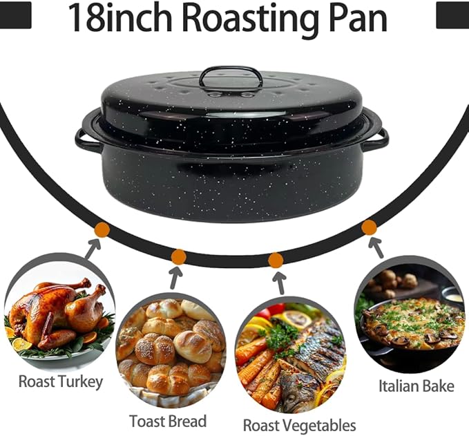 Turkey Roaster Pan 18in Roasting Pan With Lid Enamel Carbon Steel Roaster Pot with 16in Inner Diameter,18 pound large capacity Resistance up 900°F Oval Cookware