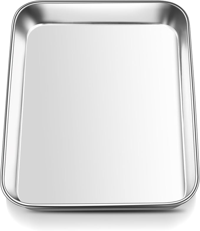 E-far Mini Toaster Oven Tray, 9.4”x7.3” Stainless Steel Baking Cookie Sheet, Small Non-toxic Metal Baking Pan for Cake, Rust Free & Warp Free, Mirror Finish & Dishwasher Safe, 1 Pack