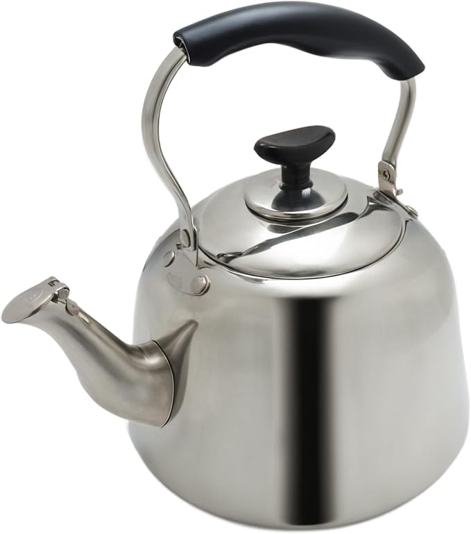 Lily's Home Whistling Tea Kettle for Stovetop, 2 Quart Stainless Steel Water Kettle with Loud Whistle, Cool-Touch Handle & Induction Compatible Base - For Gas, Electric, & Induction Cooktops