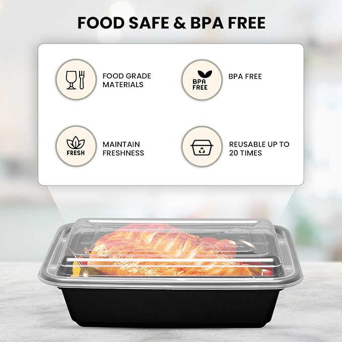 Klex 24 Oz, 50 Sets Meal Prep Containers with Airtight Lids, BPA Free, Reusable Plastic Food Container, 24 oz, Rectangular, Black/Clear, 50 Sets