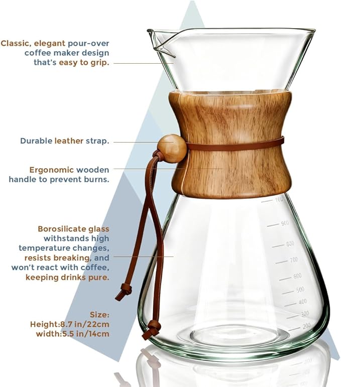 AGOGO Pour Over Coffee Maker Glass - 6/8/10 Cup Barista Kit with 304 Stainless Filter for Home, Office, Camping, Cafes - Easy Clean Coffee Dripper Set (Rag&Brush Included) (10 Cup/34 oz-Slim Shape)