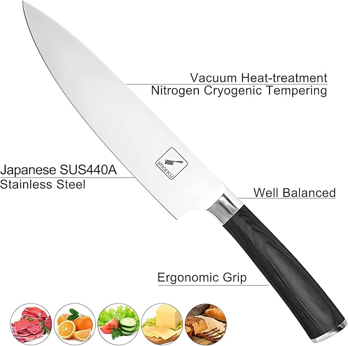 imarku Chef Knife - Pro Kitchen Knife 8 Inch Chef's Knives Japanese SUS440A Stainless Steel Sharp Paring Knife with Ergonomic Handle, Black Handle, Christmas and Thanksgiving Gifts for men and Women