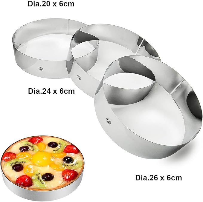 NewlineNY Stainless Steel Cake Mousse Rings for creating Round Appetizers, Molded Salads, Cakes, Mousse and Desserts, 3 Round Cake Mousse Flan Rings 8", 9.5" 10.5" Set